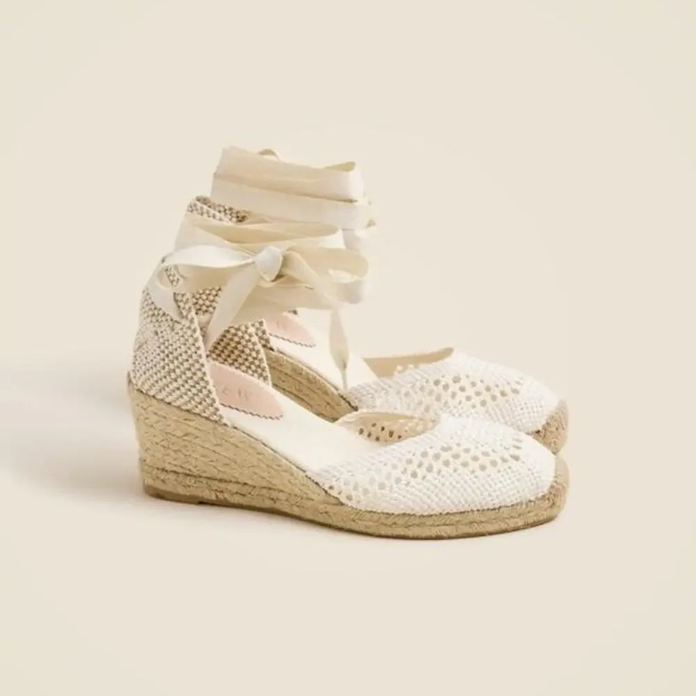 NEW J.Crew Made-in-Spain Lace-up Espadrilles Crochet Cream Wedges SZ 9 PERFECT